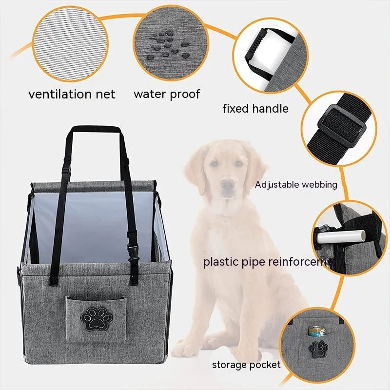 Collapsible oxford cloth dog crate in grey, shown with shoulder strap.