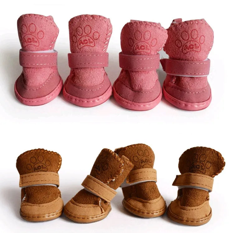 Four khaki velvet dog boots for winter snow walking, size options from small to extra large