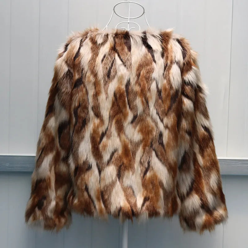 Korean slim-fit women's faux fur coat in picture colour, shown at hip length.