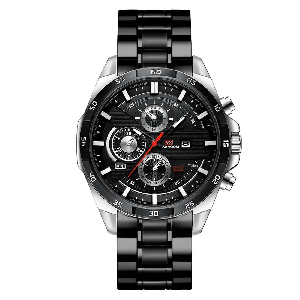 Men's black leather strap watch with rose gold case and calendar window on dial.