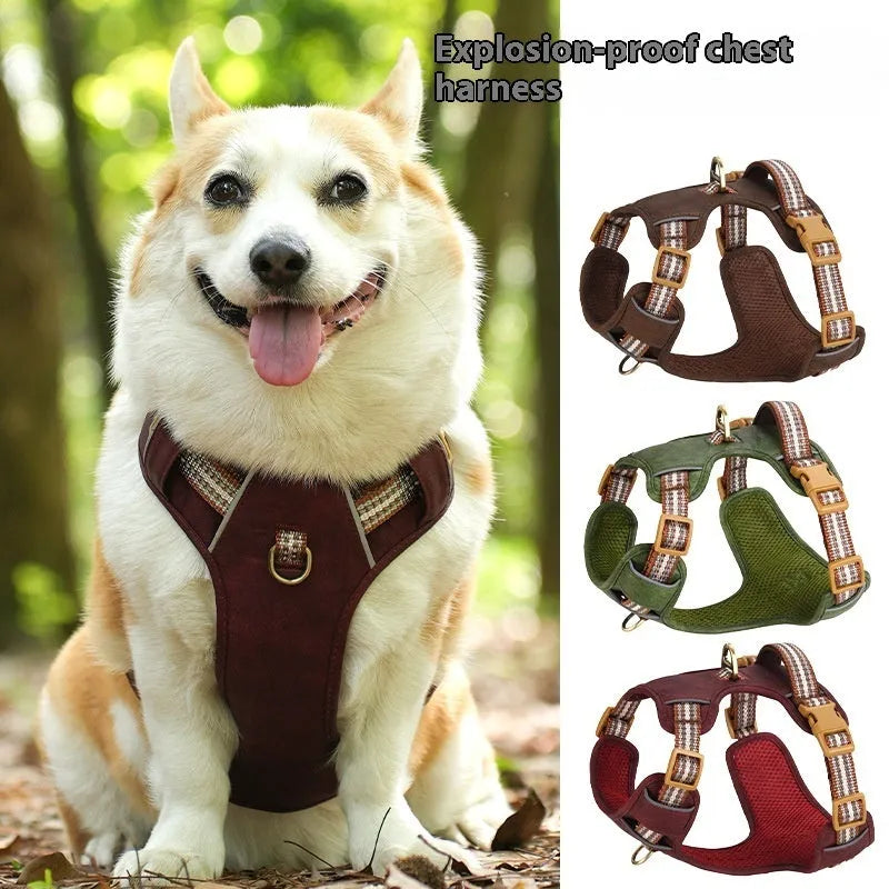 Brown leather dog harness with reflective strips and metal buckle closure