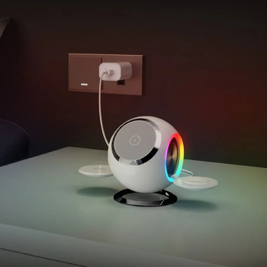 White spherical ambience light vertical magnetic wireless charger with LED glow on desk, 18W QC3.0