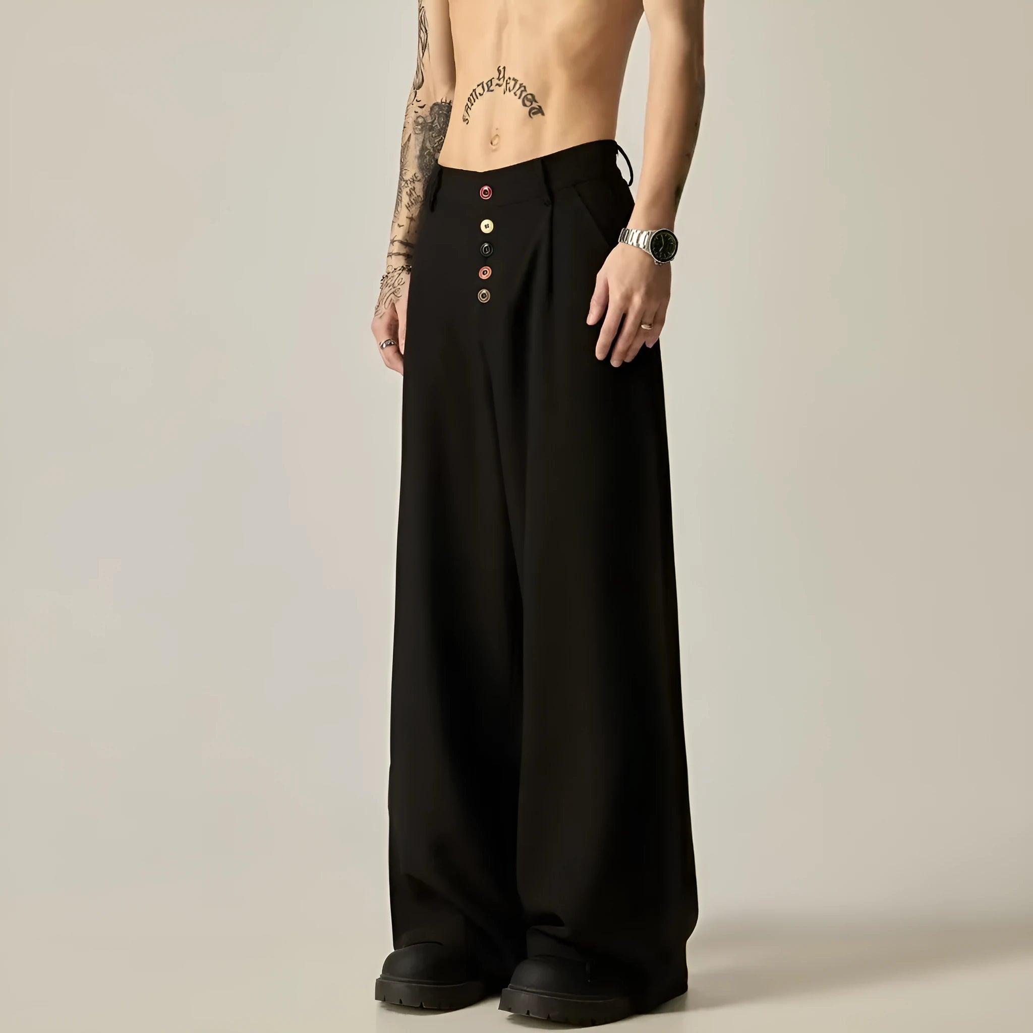 Men's solid colour vertical tube wide-leg casual trousers in black or brown with a mid waist