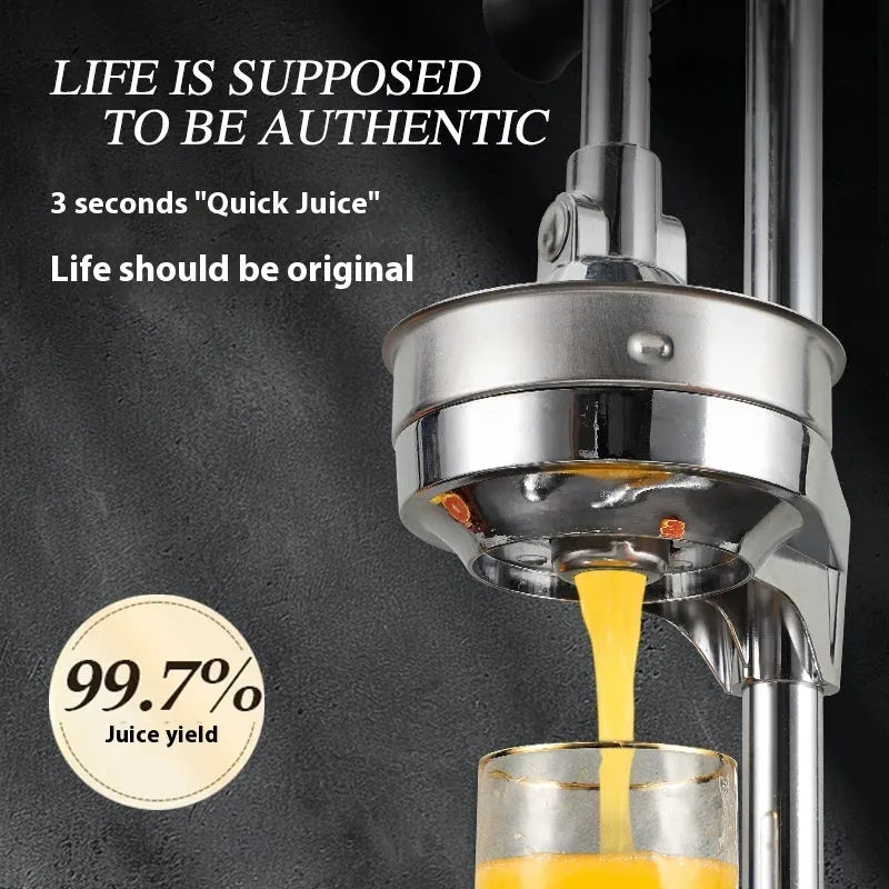 Vertical stainless steel manual citrus juicer on a kitchen counter showing different head type options.