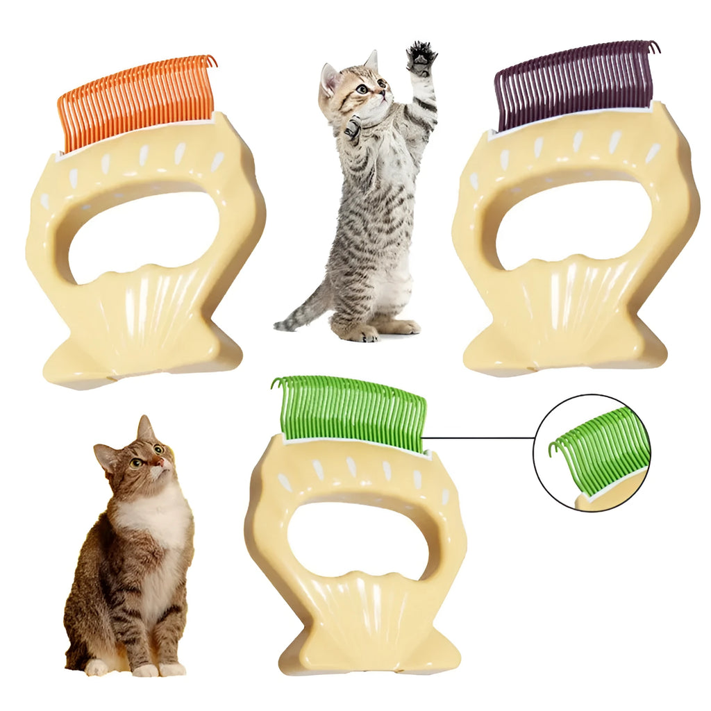 Shell-shaped pet grooming brush with coloured handle and wire bristles for dog and cat hair removal