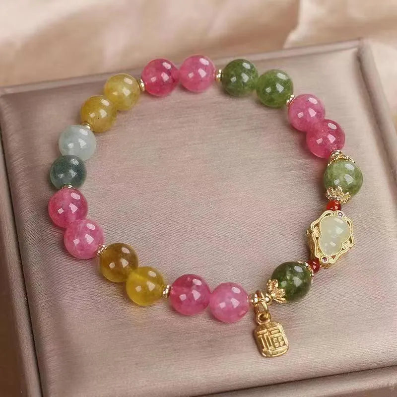 Colourful tourmaline gourd blessing card bracelet for women with flower shape and mixed materials