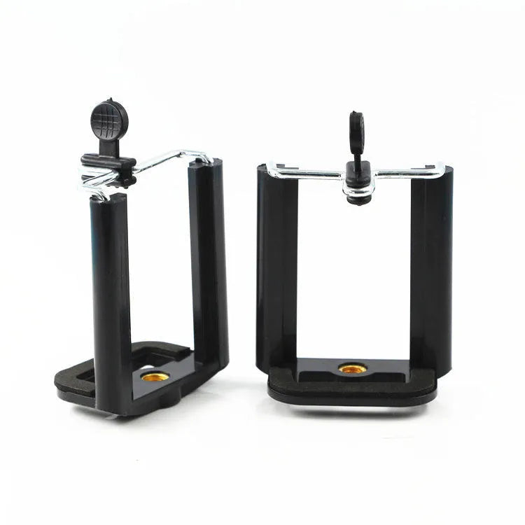 Black plastic U clip mobile phone holder mounted on a hose.