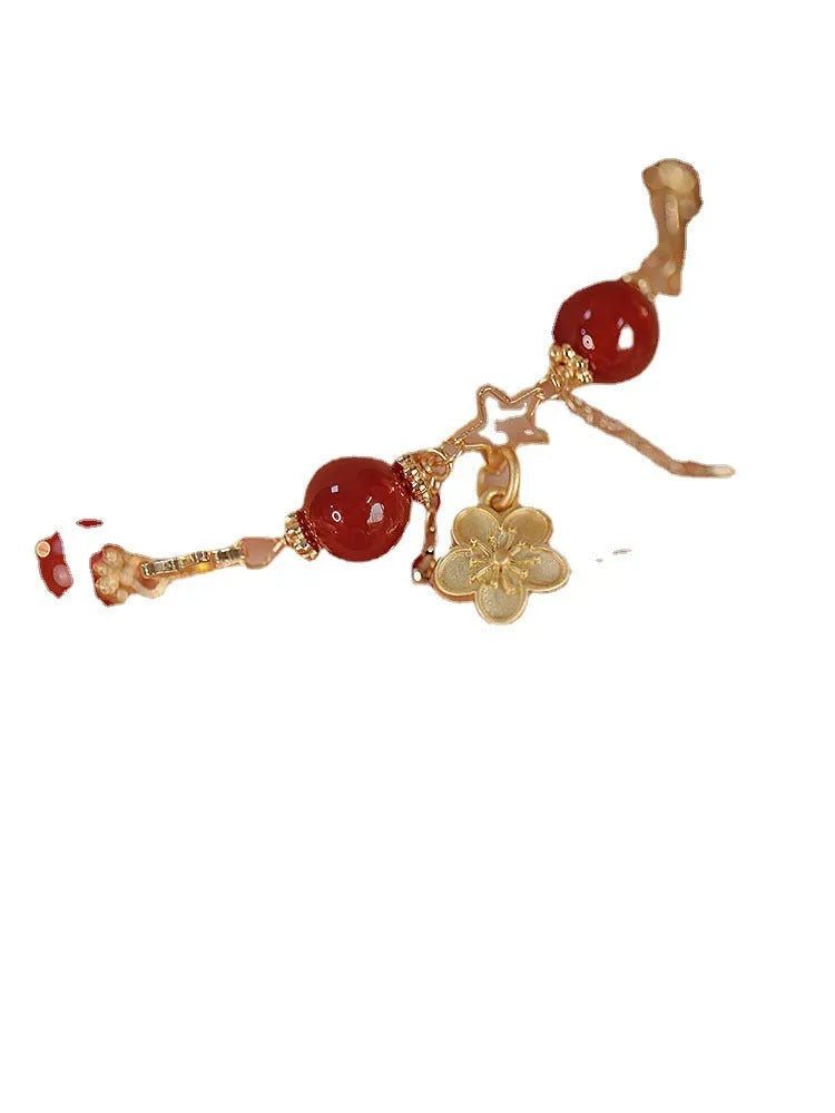 Women's red agate double layer bracelet with peach blossom design and manual processing