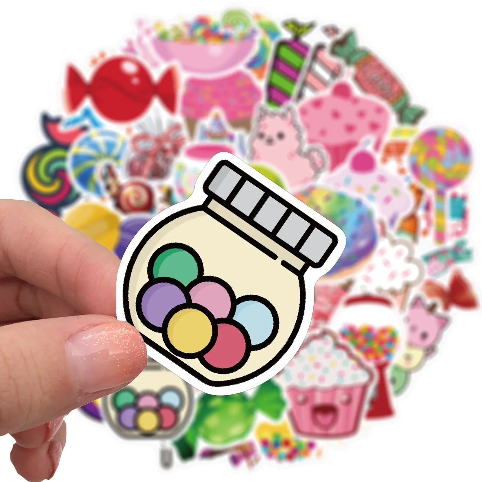 Candy series graffiti colour adhesive stickers pack with cartoon cute designs, 50 sheets each 4-6cm