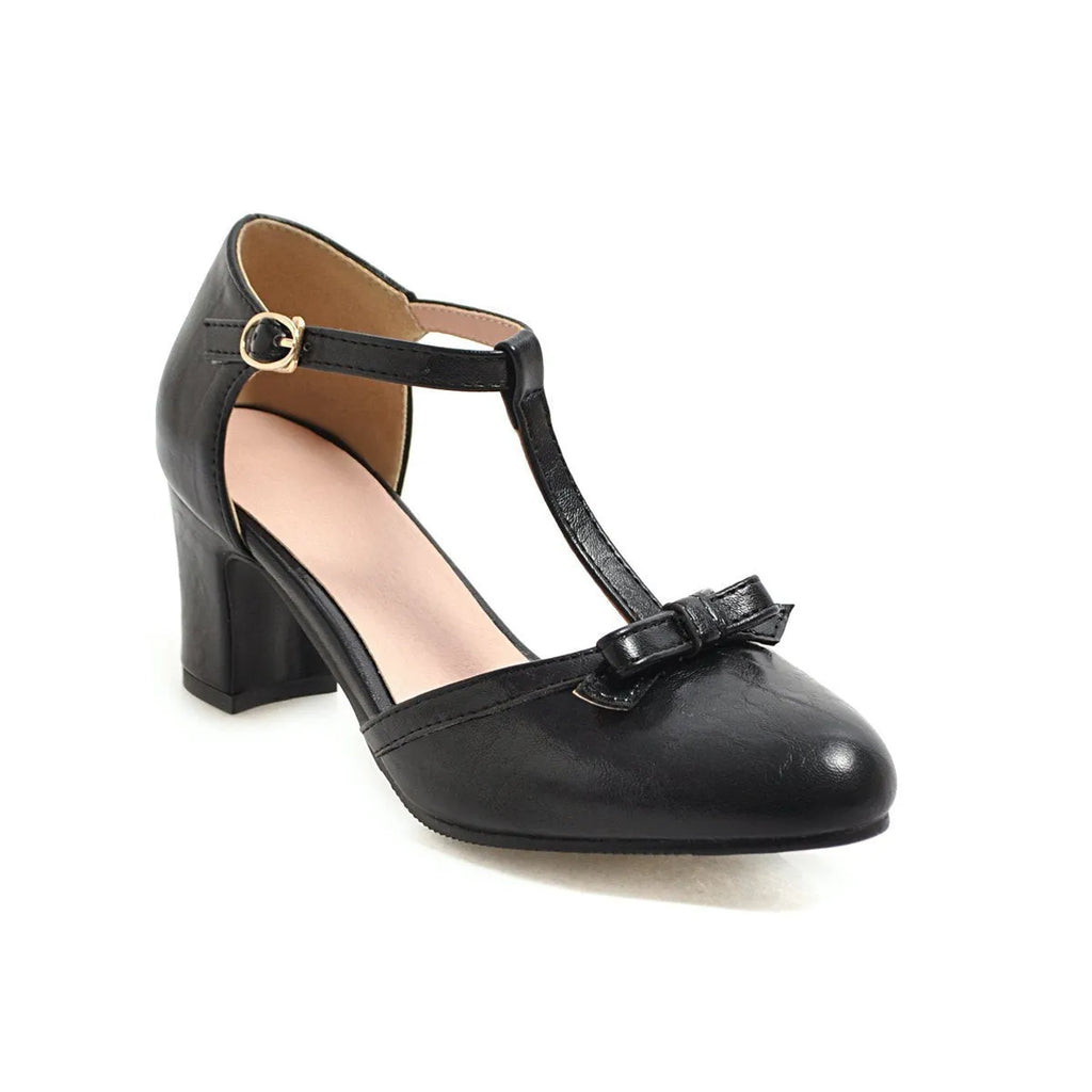 Women's chunky heel sandals with bow tie decoration and hollow out design in PU material