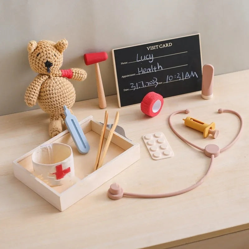 Wooden children's doctor play set with stethoscope educational toy in cloth bag packaging