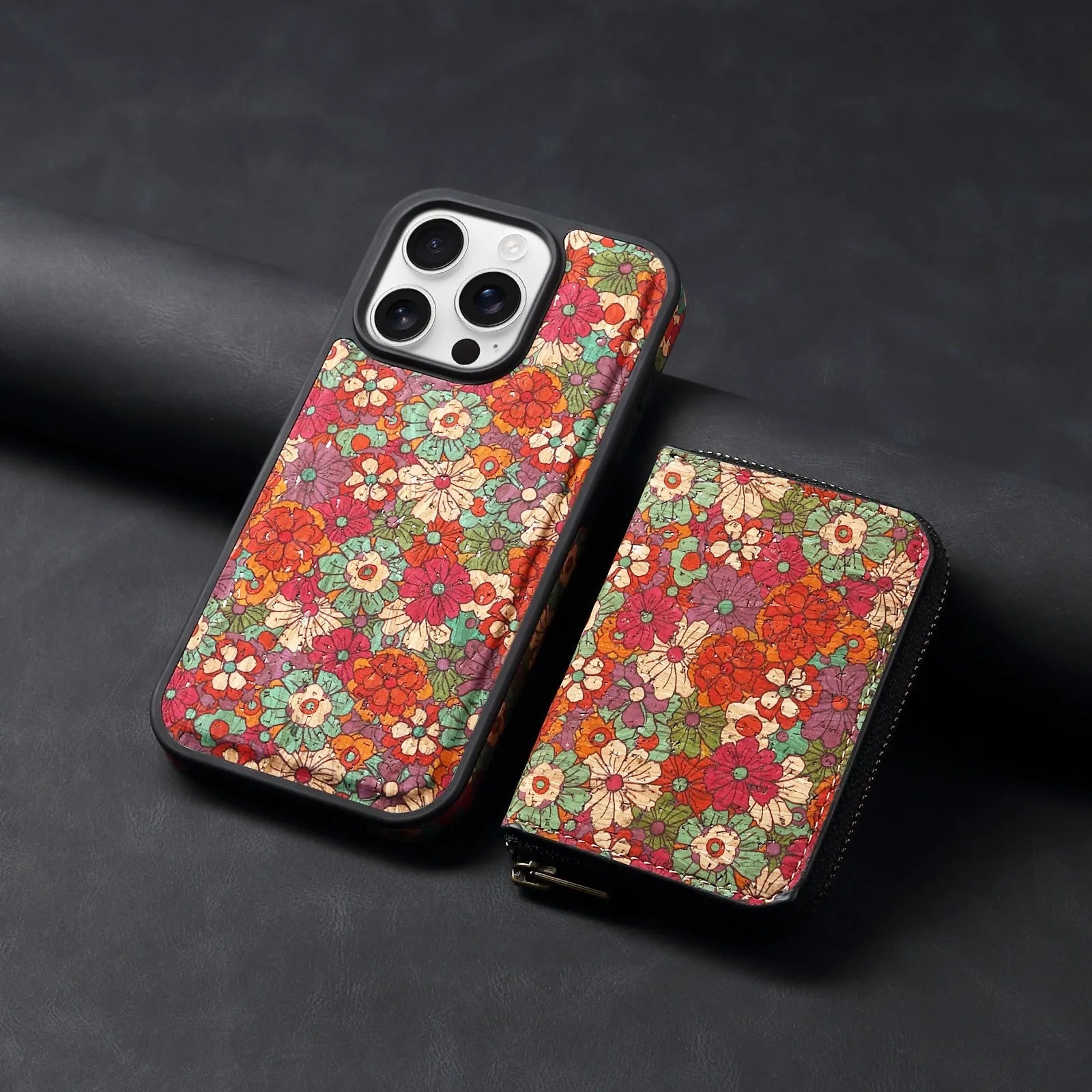 Cork phone case with magnetic suction and anti-theft zipper bag for iPhone