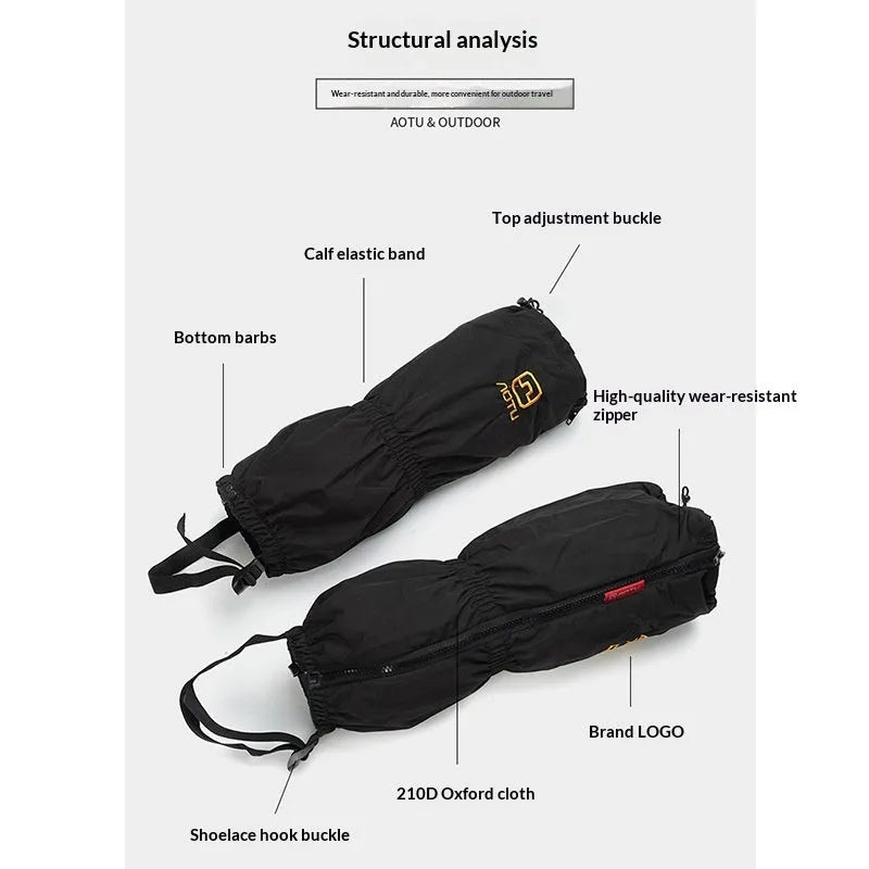 Unisex black 210D Oxford fabric gaiters for skiing and hiking leg protection with LOGO option