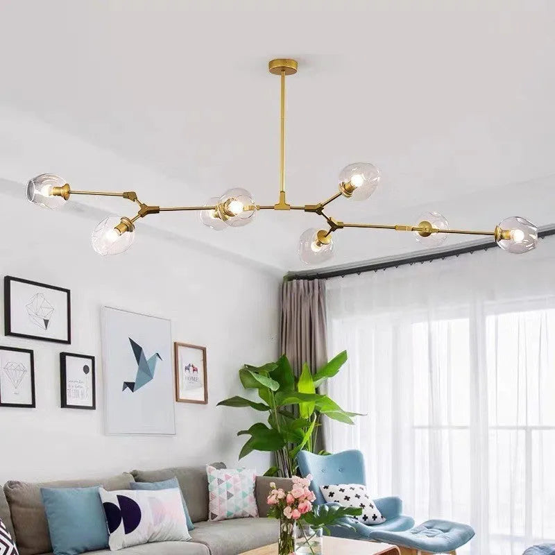 Nordic branch LED ceiling lamp with iron frame and glass shades, 10-head configuration in gold transparent finish
