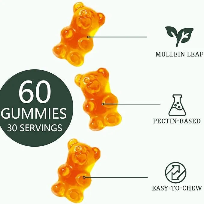 Bottle of Mullein 50:1 extract pear-flavoured vegan pectin gummies, 60 count