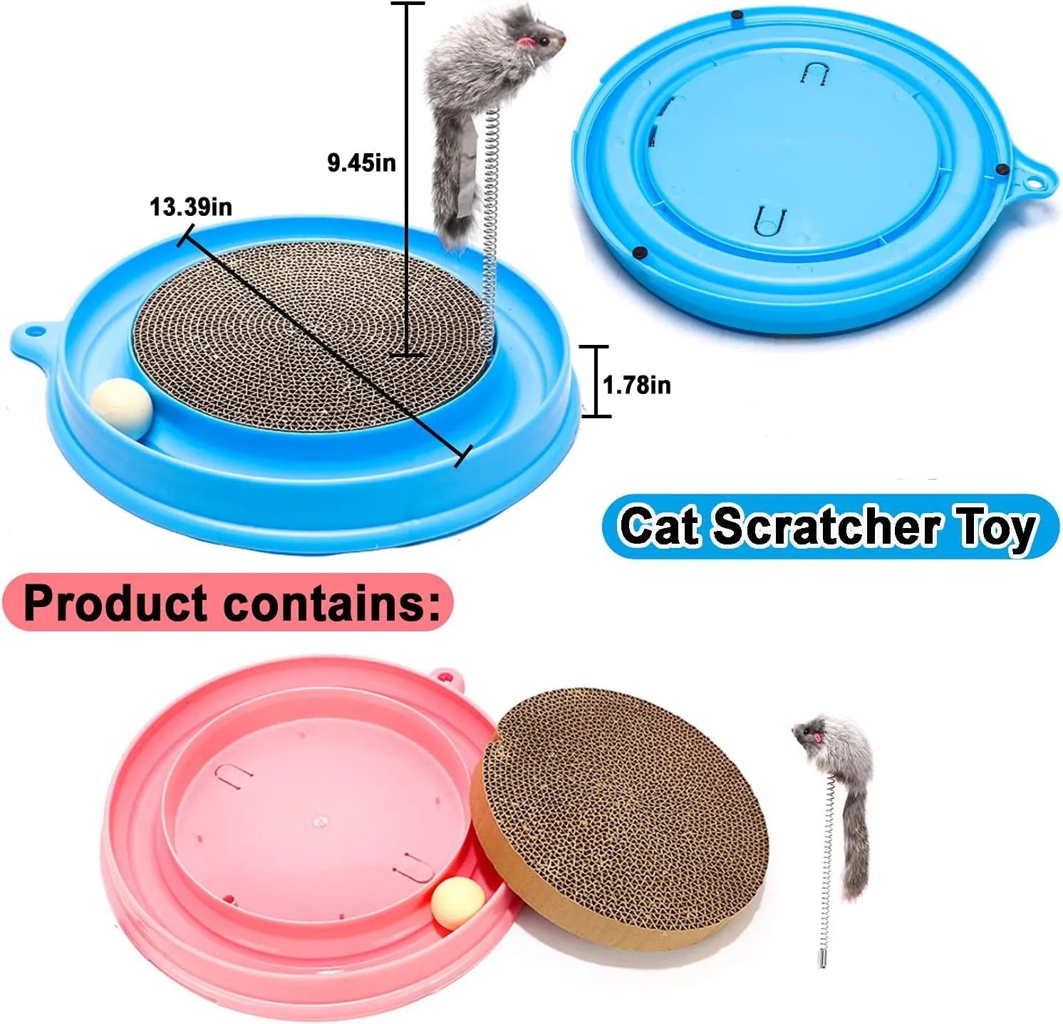 Blue cat scratcher toy with ball track, replaceable scratch pad, and mouse swatter on corrugated cardboard base