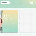 Removable coil gradient notebook in blue, green, pink, or purple, showing A4 and B5 size options.