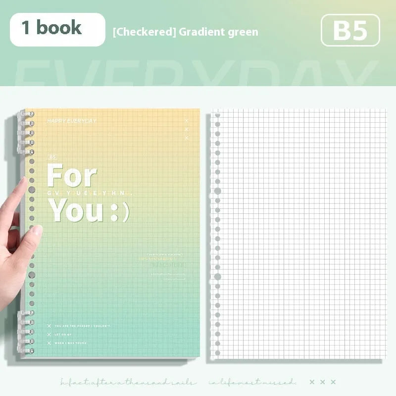 Removable coil gradient notebook in blue, green, pink, or purple, showing A4 and B5 size options.
