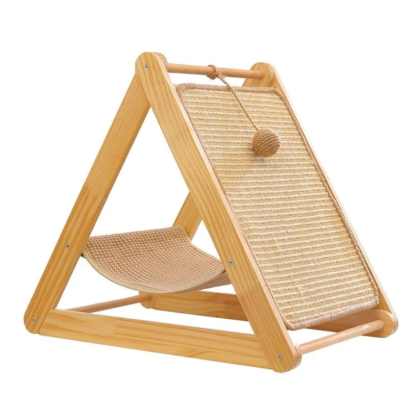 Minimalist all-in-one solid pine wood cat tree with triangle hammock scratch board