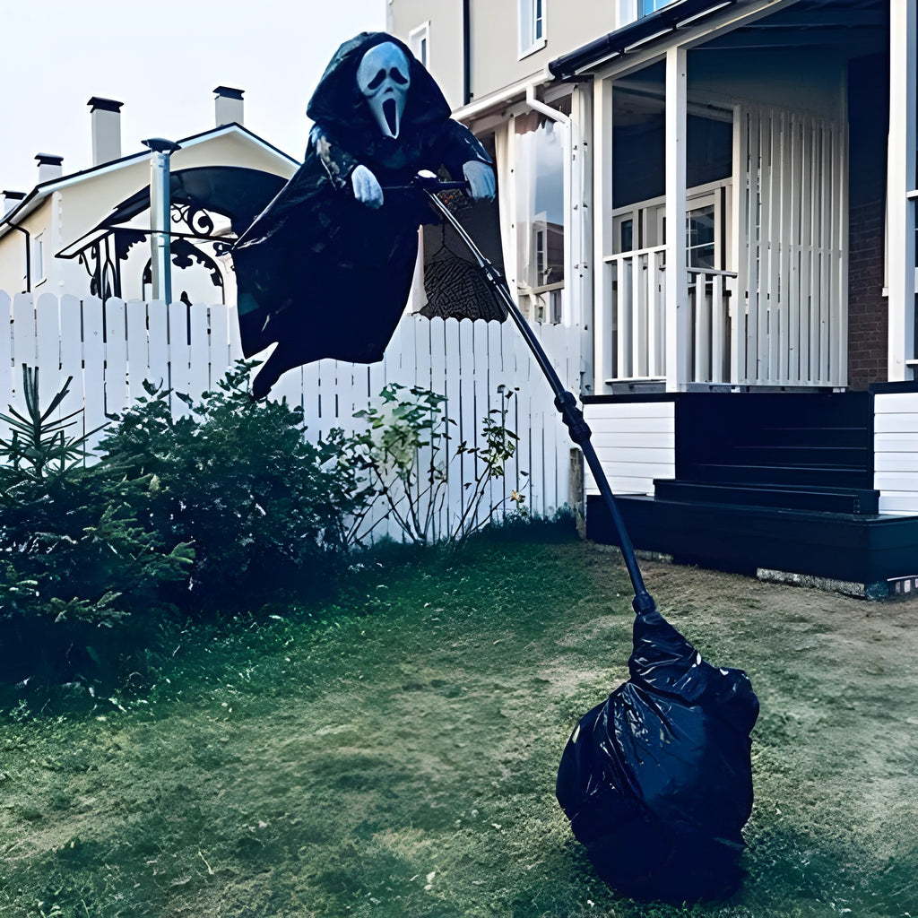 Plastic skeleton scarecrow decoration with skull design, measuring 70cm high.