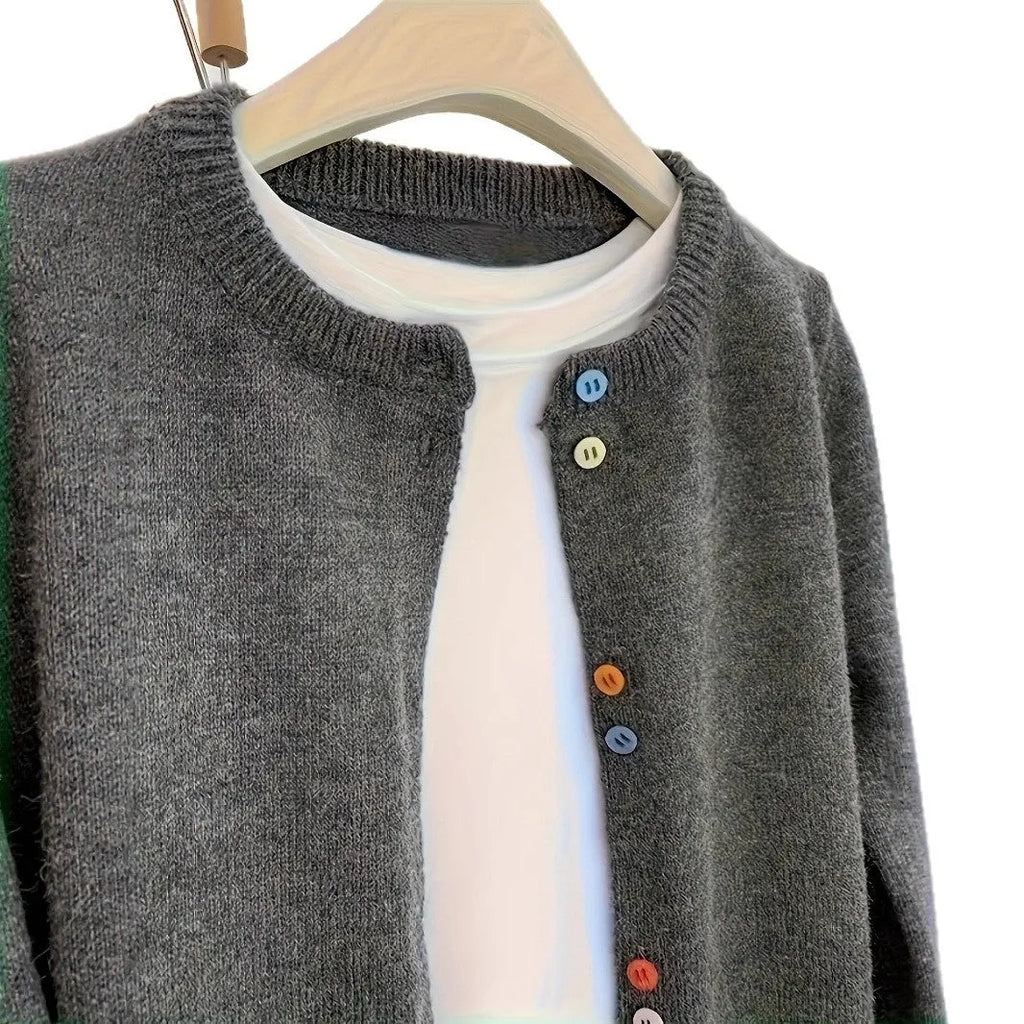 Dark grey women's polyester cardigan sweater with button front and regular sleeves