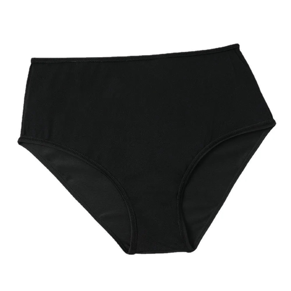 Black high-waisted two-piece swimsuit with a coconut tree print on a model, showing the brief style and double-layer construction.
