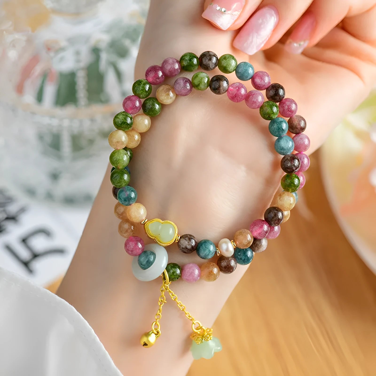 Natural chalcedony double ring bracelet with geometric beads