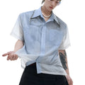 Men's blue and white gradient loose fit shirt with quilted texture and short sleeves