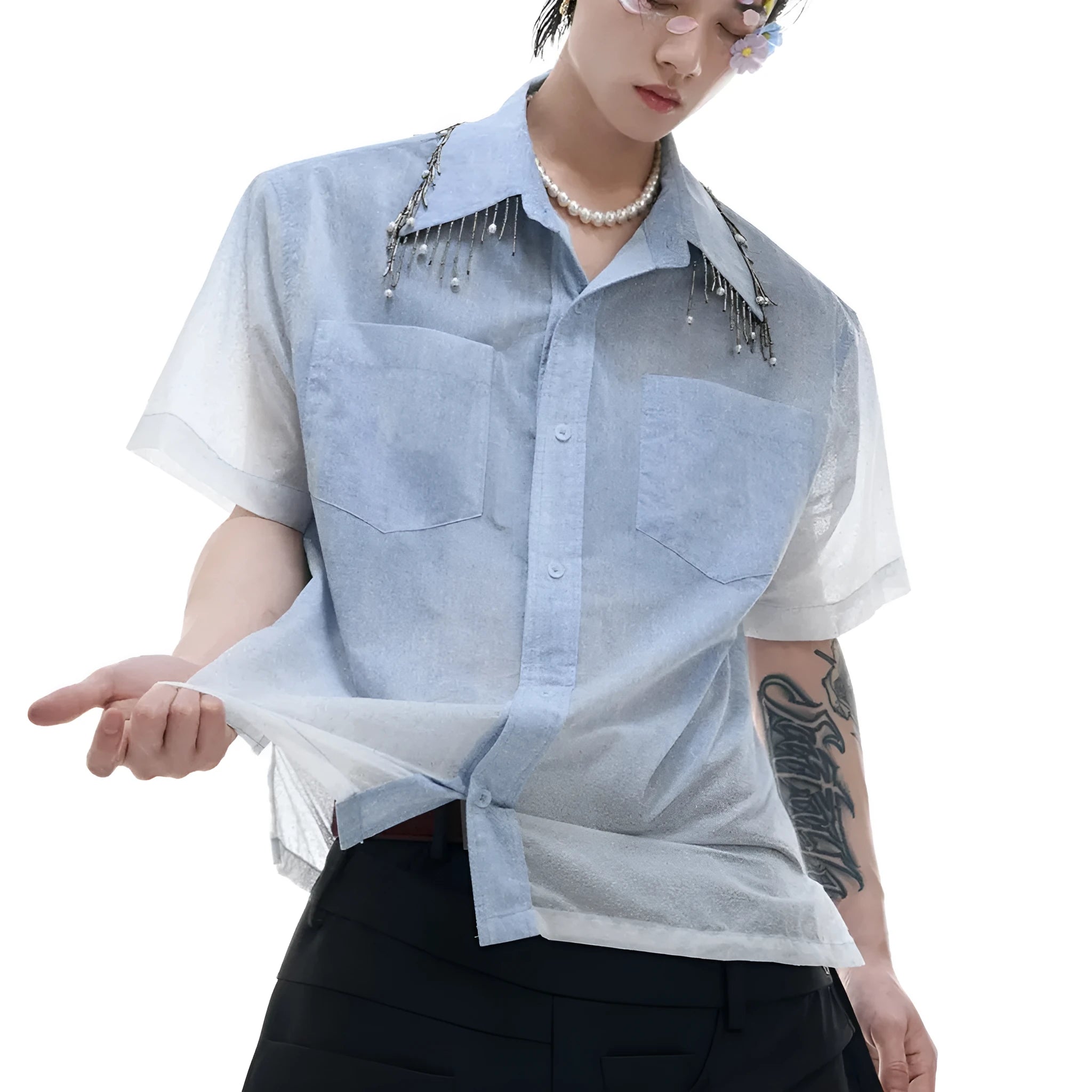 Men's blue and white gradient loose fit shirt with quilted texture and short sleeves