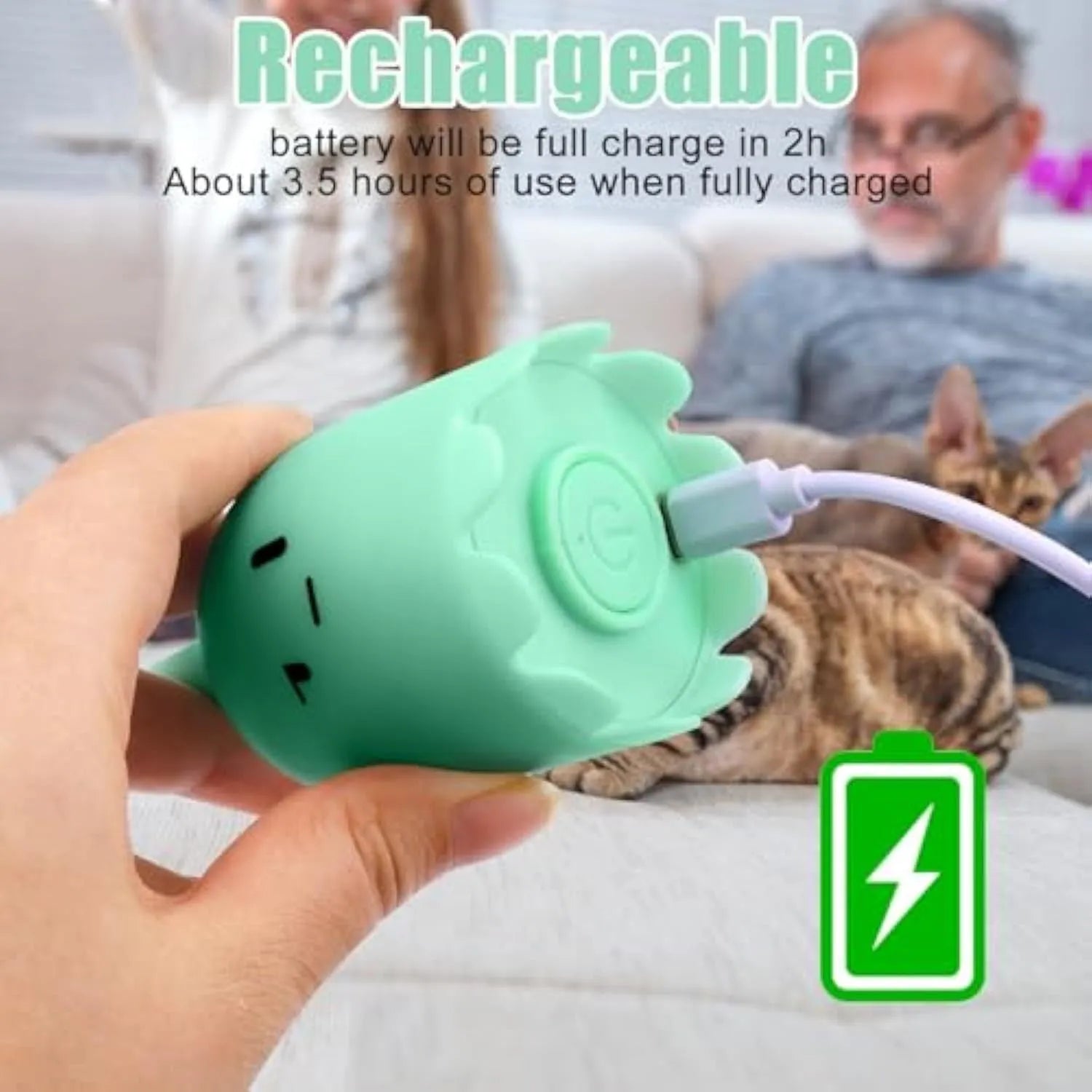 Green automatic cat wand toy with silicone tails rotating for indoor cat play