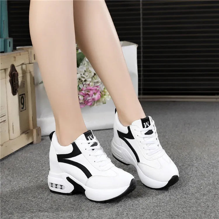 Women's white wedge platform shoes with PU upper round toe and 6-8CM heel
