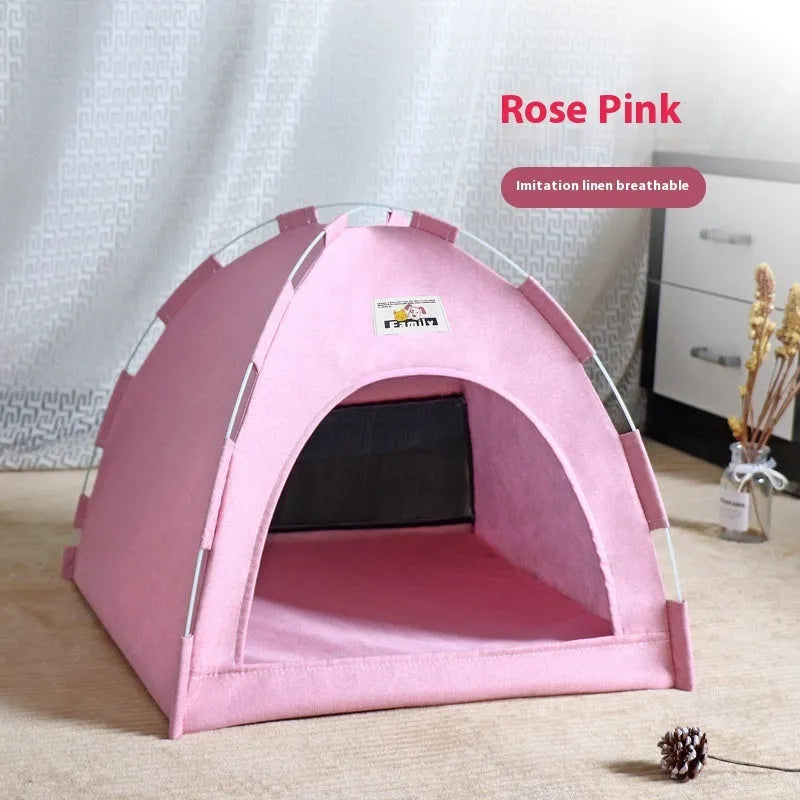 Grey removable-cover pet tent bed for cats and small dogs measuring 36cm.