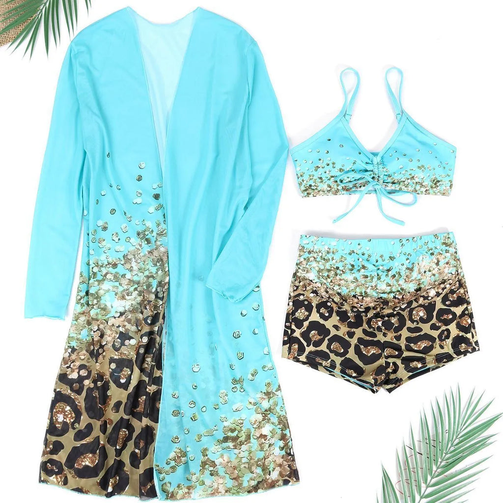 Women's lake blue polyester swimsuit set with high-waisted briefs and sleeveless design for swimming