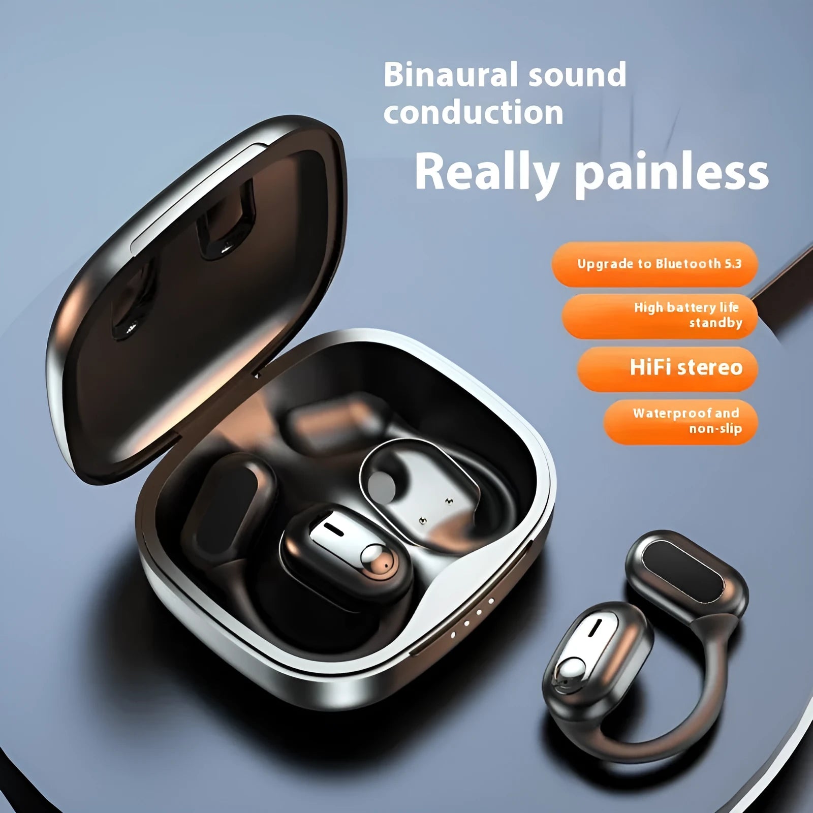 Ear-mounted Bluetooth headset in electroplated black with ear hook design on white background