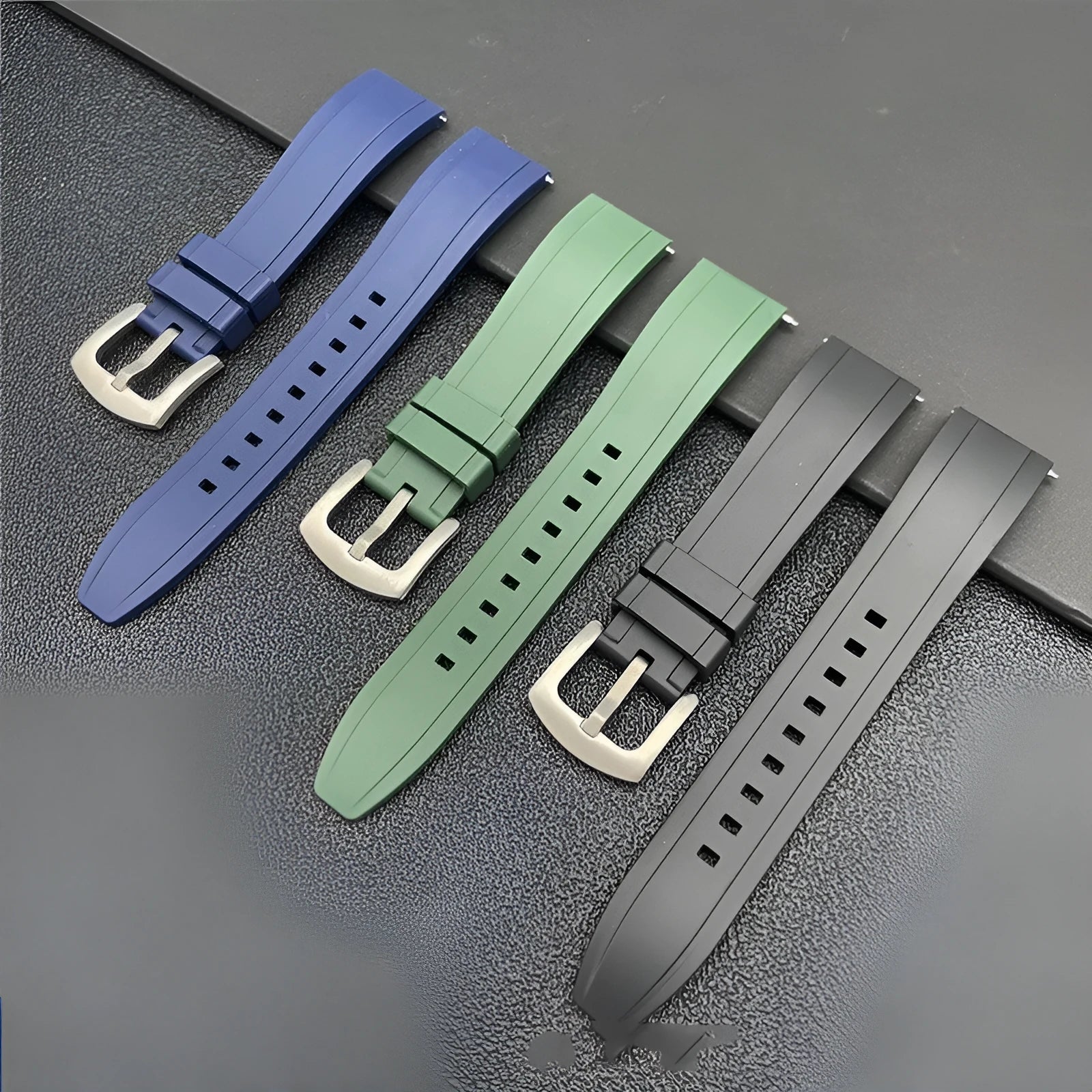 Silicone replacement watch strap with quick release in black, 20mm width, pin buckle closure