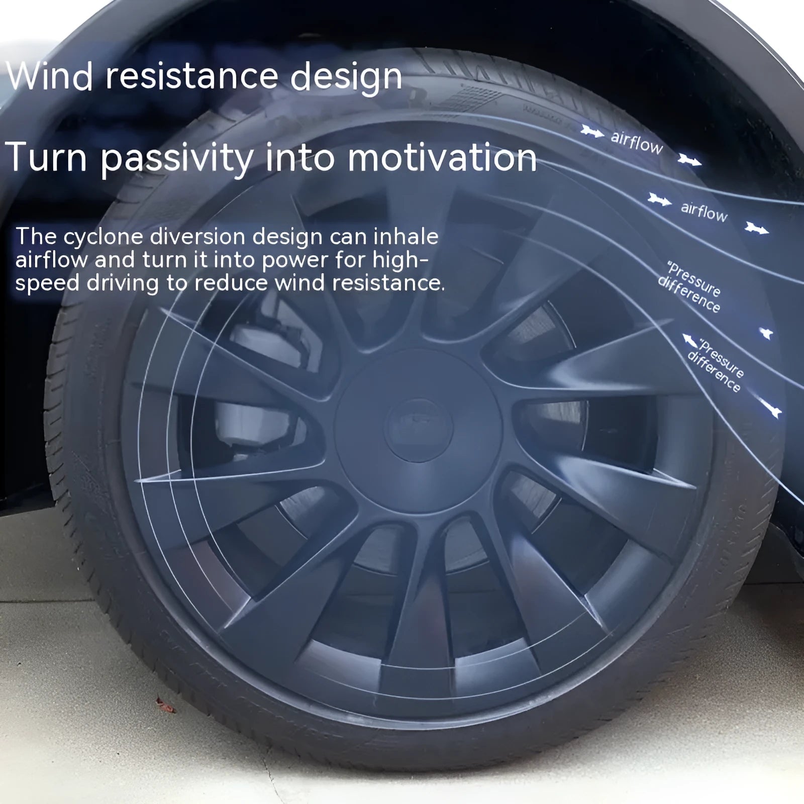 Set of sectional plastic wheel hub covers for Tesla Model Y in black, white, red, and carbon fibre pattern options.