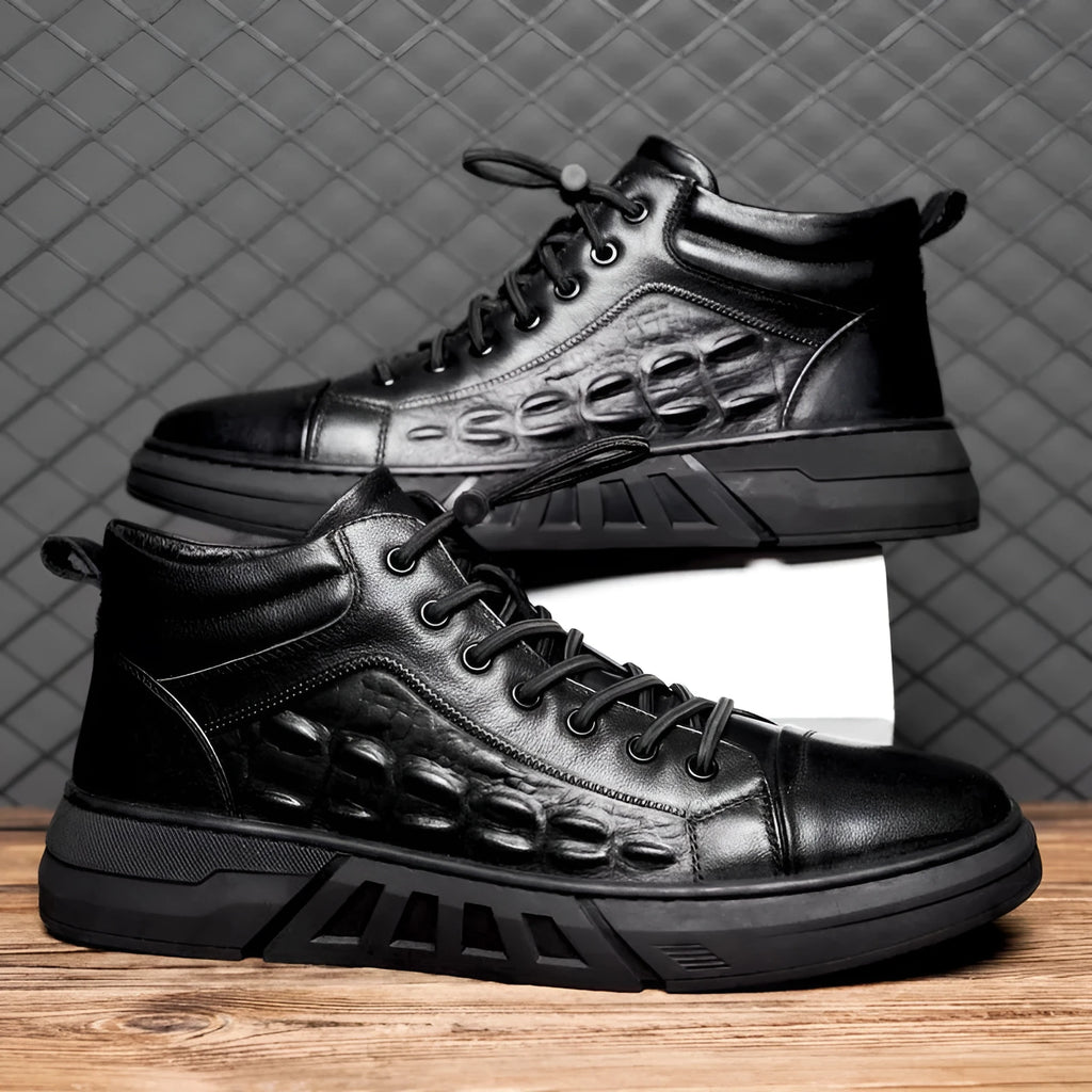 Men's black high-top board shoes with microfiber upper, rubber sole, and sewn detailing