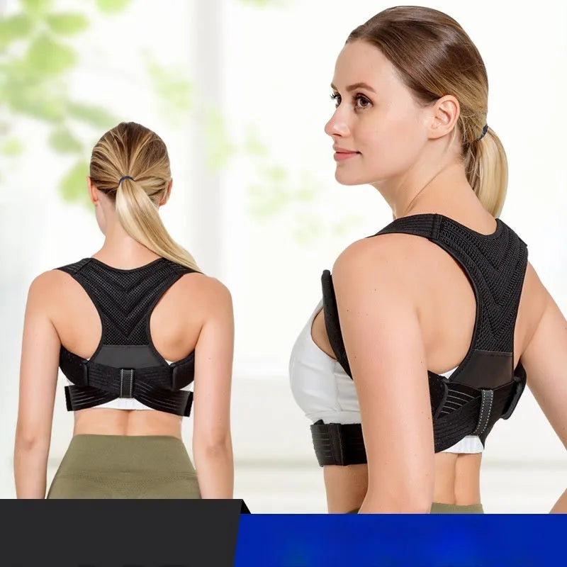 Black anti-humpback posture correction belt for back and shoulder support during sports.