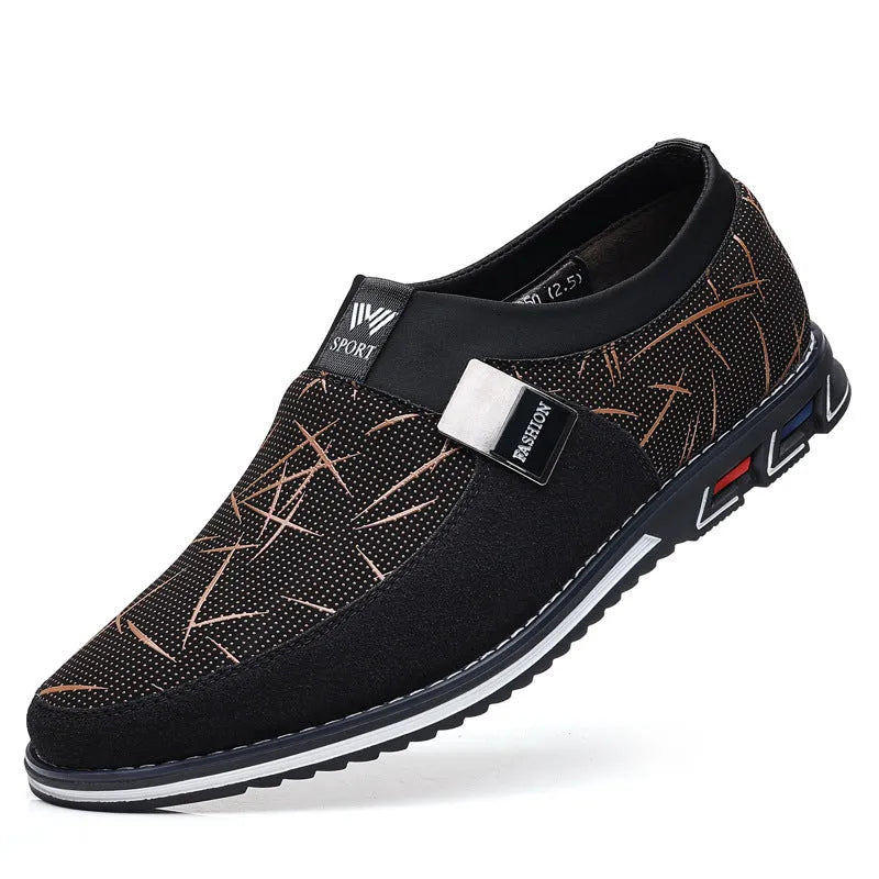Men's grey and white synthetic leather slip-on loafers with a square toe and flat rubber sole.