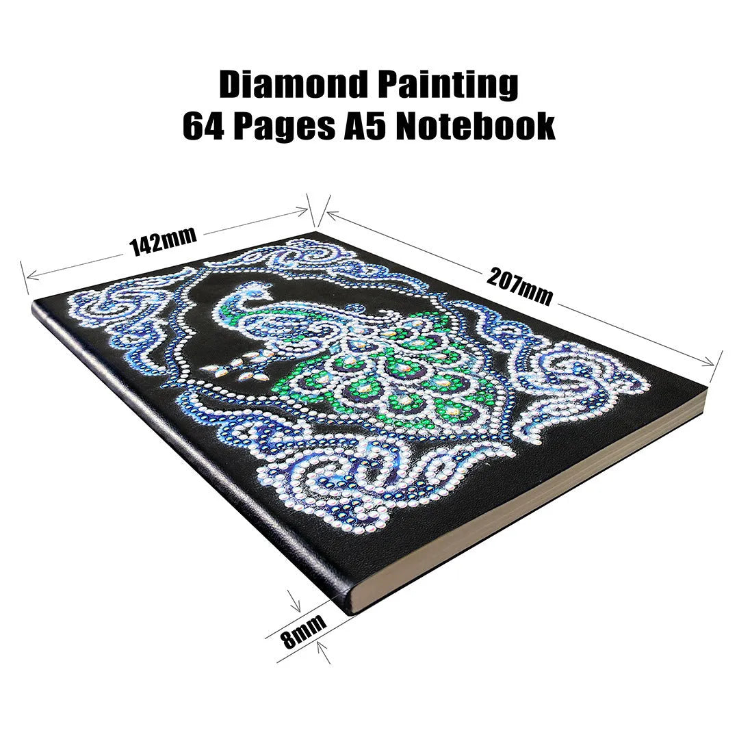 Black A5 hardcover Peacock Beauty journal open showing diamond painting canvas and organised drills in clear OPP bags.