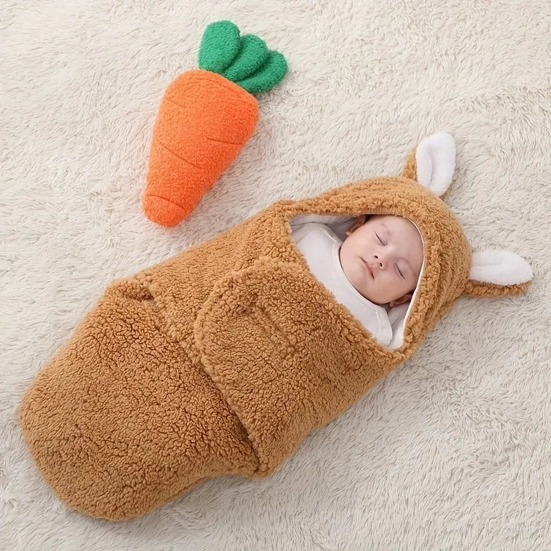 Baby wearing a grey adjustable fleece swaddle sleep sack with velcro wings