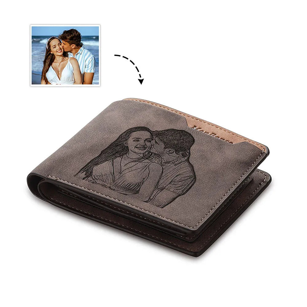 Coffee brown engraved horizontal PU wallet with custom photo personalisation.