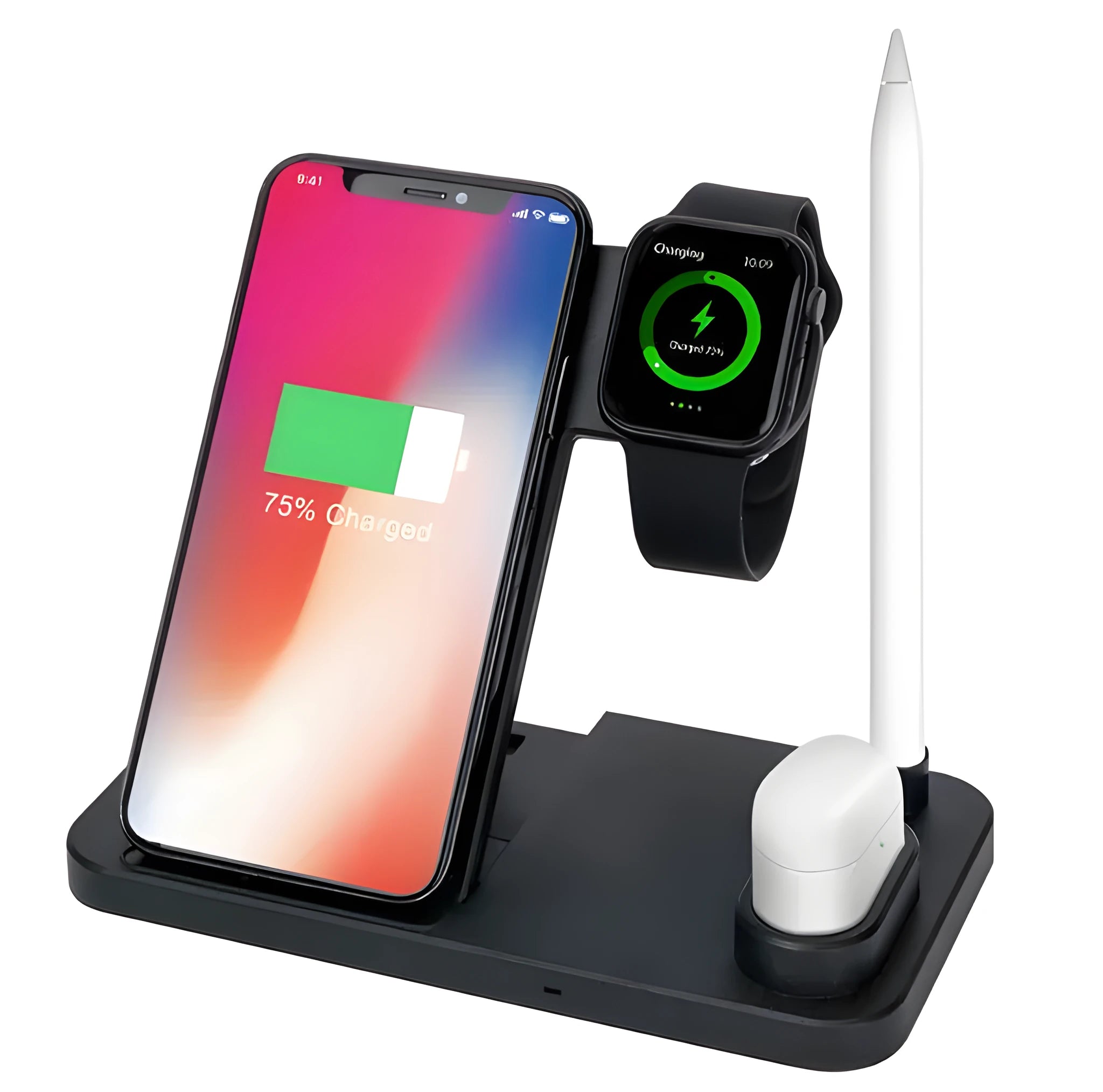 Black 4-in-1 wireless charging dock showing phone on adjustable stand, Apple Watch, AirPods, and Apple Pencil charging simultaneously.