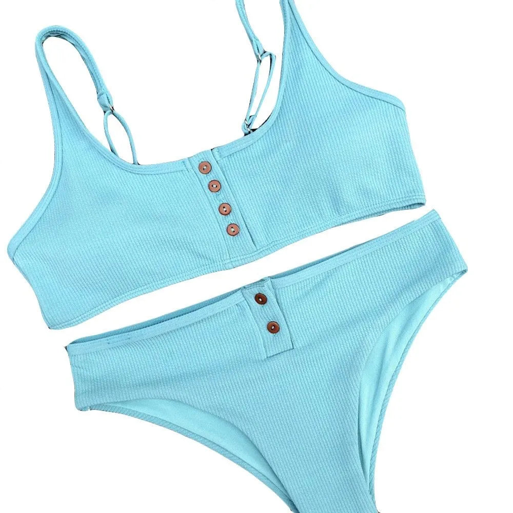 Women's solid colour bikini set with push-up padded bra and buttons, black, blue, white options, sizes S to XL