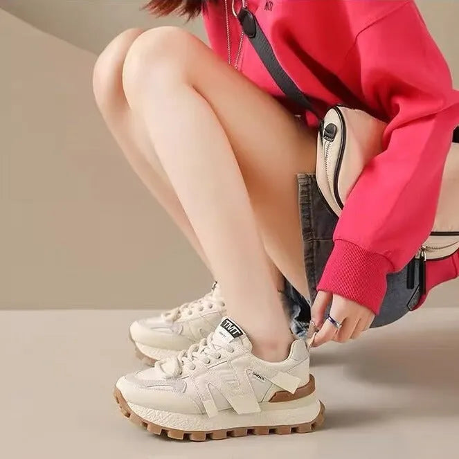 Women's casual platform sneakers with non-slip sole, artificial PU upper, round toe, low top, in Beige and Black