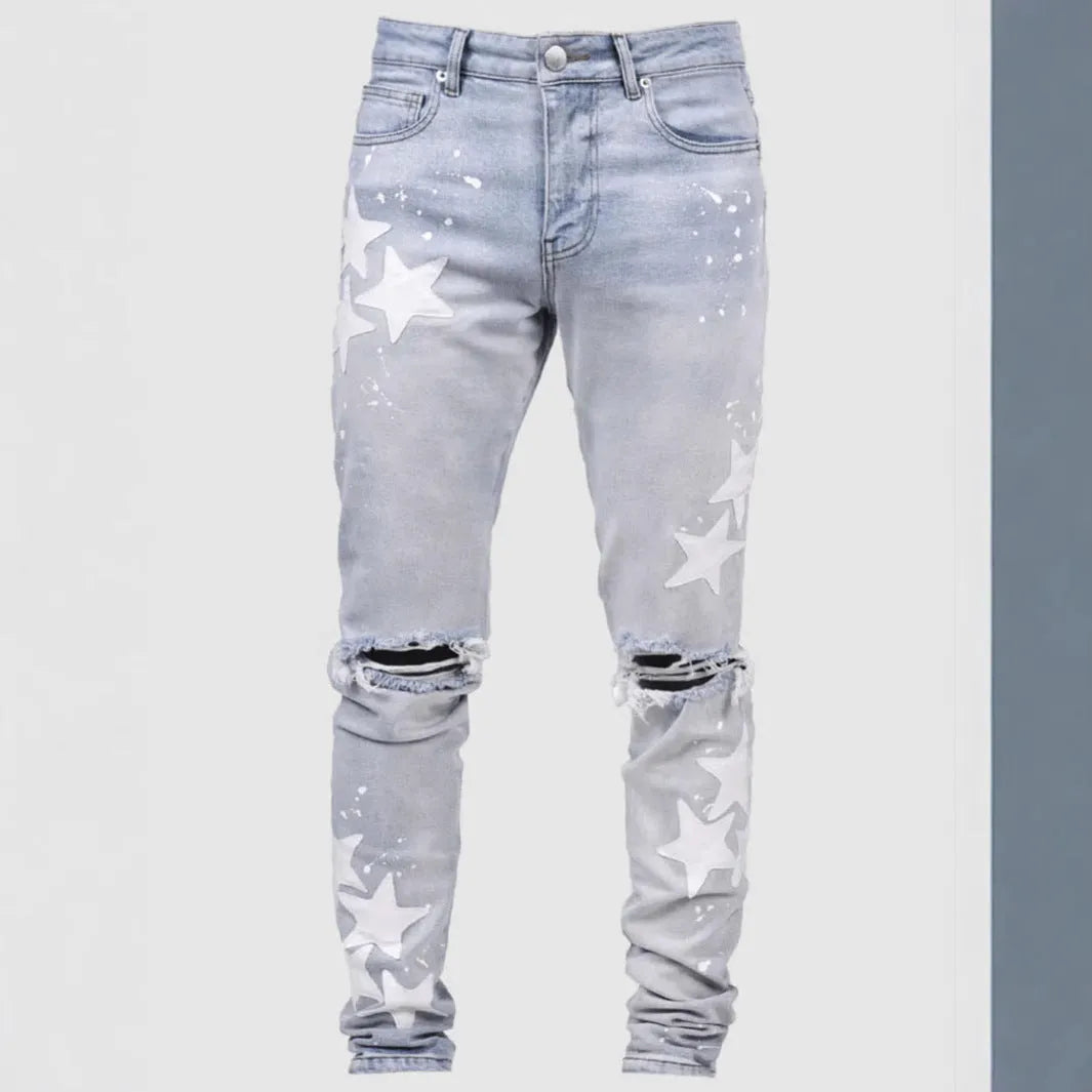 Men's slim stretch jeans in blue, grey, and light blue colours with embroidery detail
