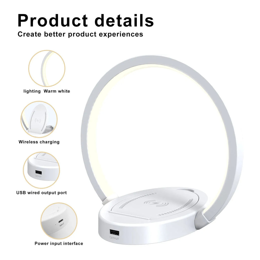 LED desk lamp with Bluetooth speaker, wireless charger, USB port, and adjustable arm in wood grain finish