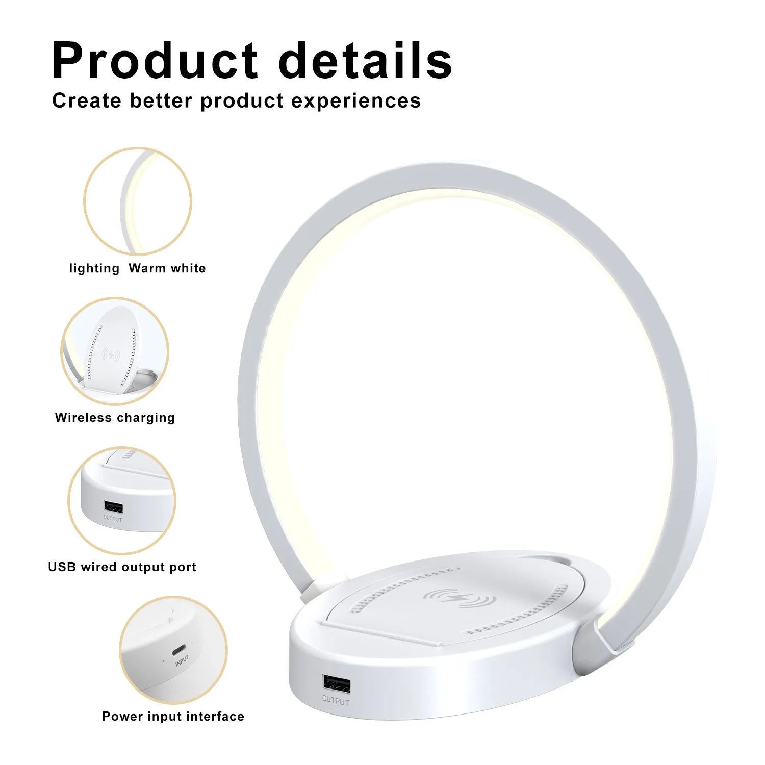 LED desk lamp with Bluetooth speaker, wireless charger, USB port, and adjustable arm in wood grain finish