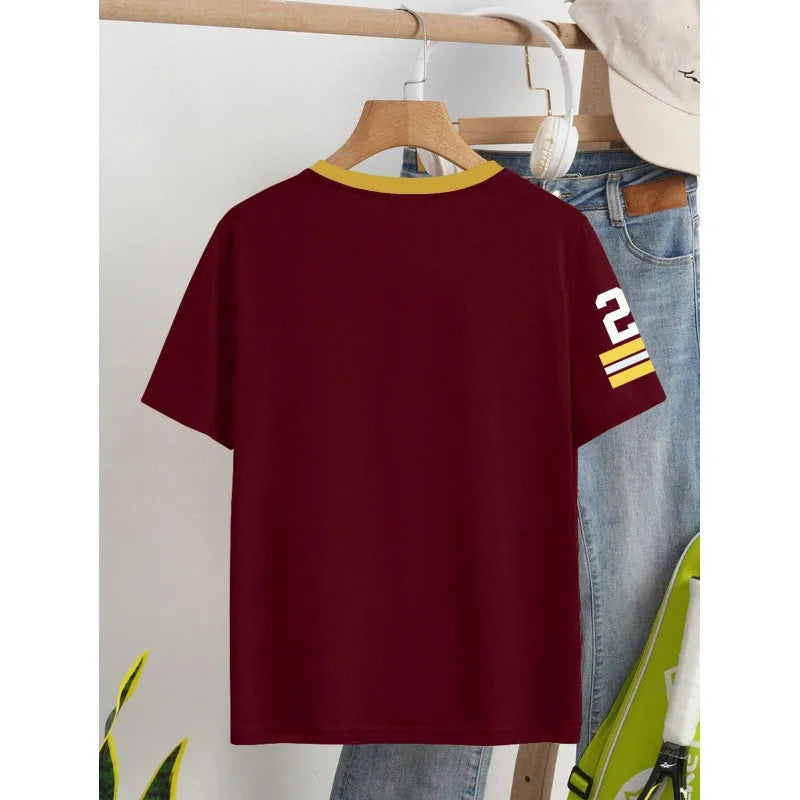 Red loose fit cotton T-shirt with white digitally printed letter pattern on the front.