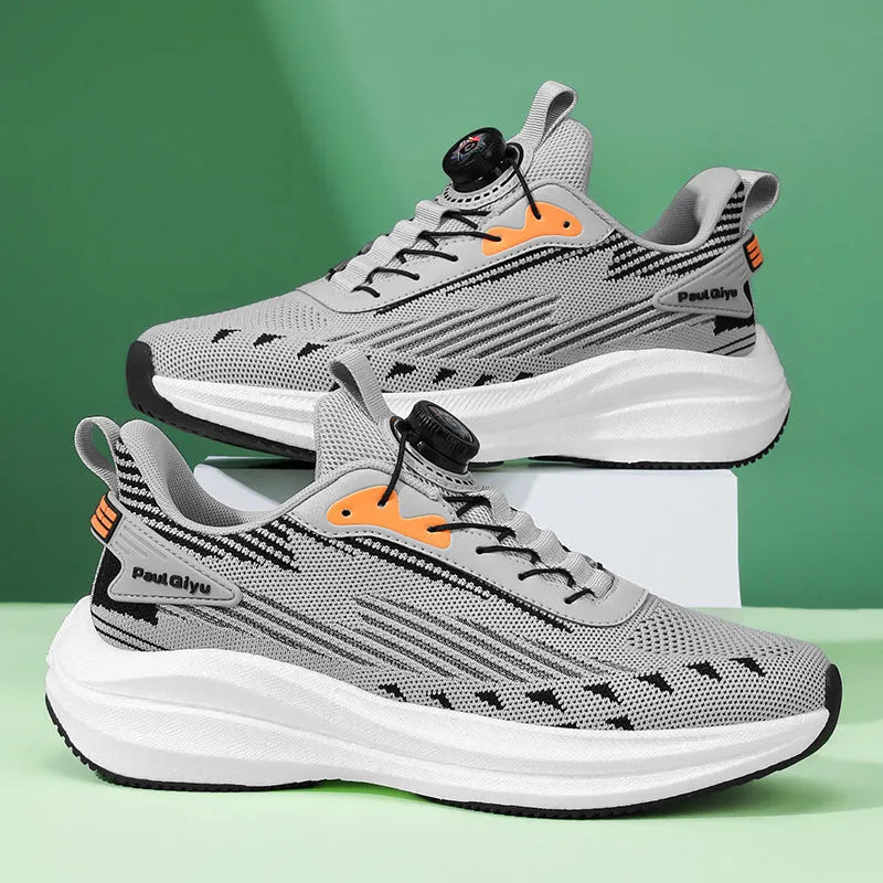 Men's rotating buckle fly-kit mesh running shoes in white green, grey and black colours with low-top design